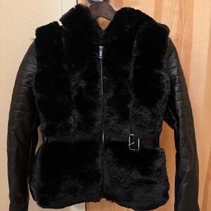 Black Leather Winter Jacket with Faux Fur